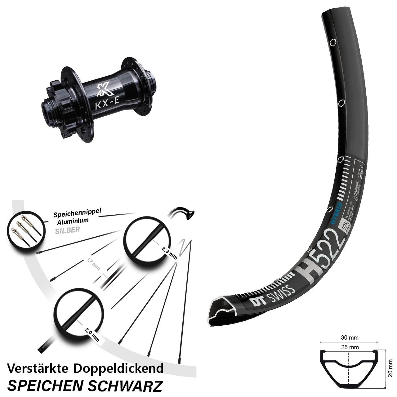 29 Zoll Vorderrad DT Swiss H522 KX-E Disc 6-Loch Nabe 15x100mm verstärkt 4 Industrielagern