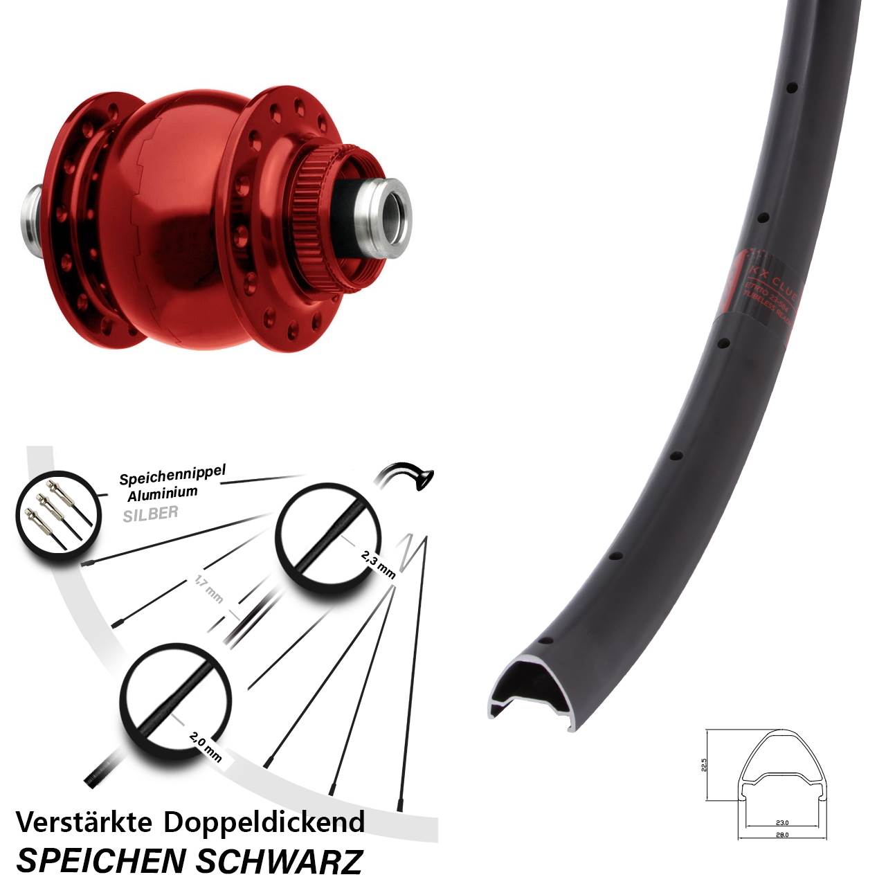 roter SON 28 Zoll KX Clue Disc Vorderrad mit Nabendynamo 12x100