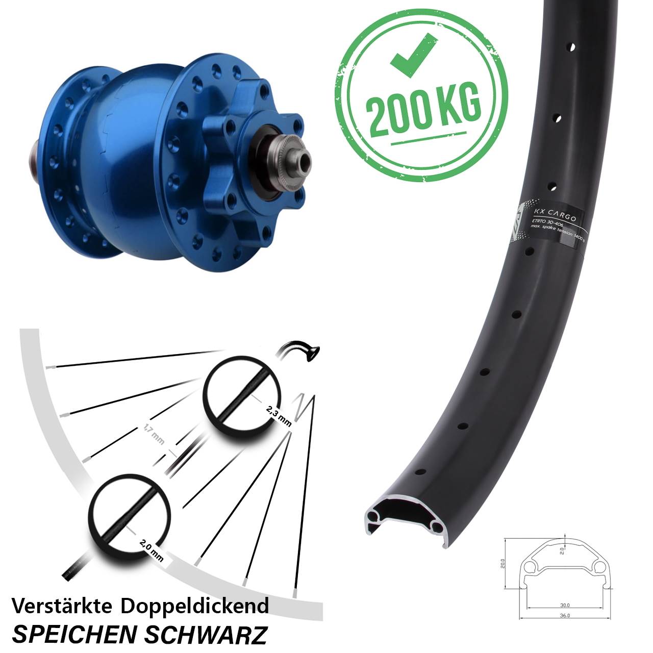 Disc Dynamo-Vorderrad für Schnellspanner 26 Zoll KX Cargo SON 28 blau