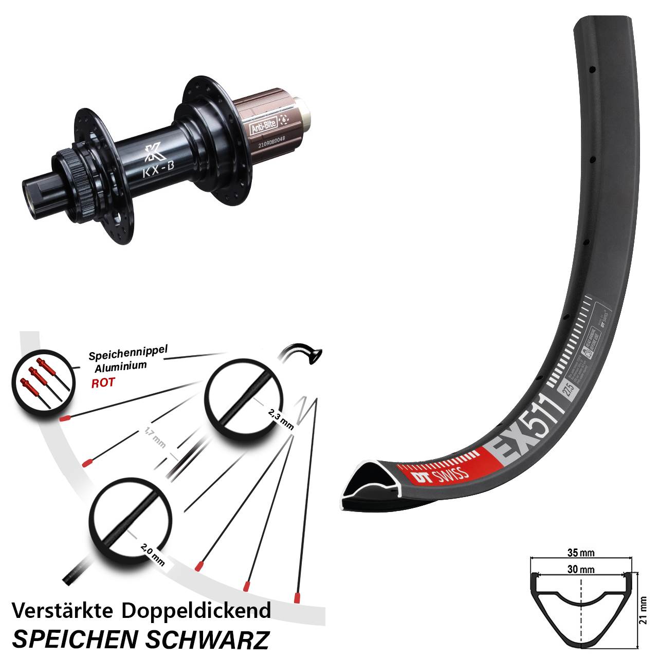29 Zoll DT Swiss EX511 KX-B Boost Centerlock Hinterrad 12x148 Boost 8-12 fach