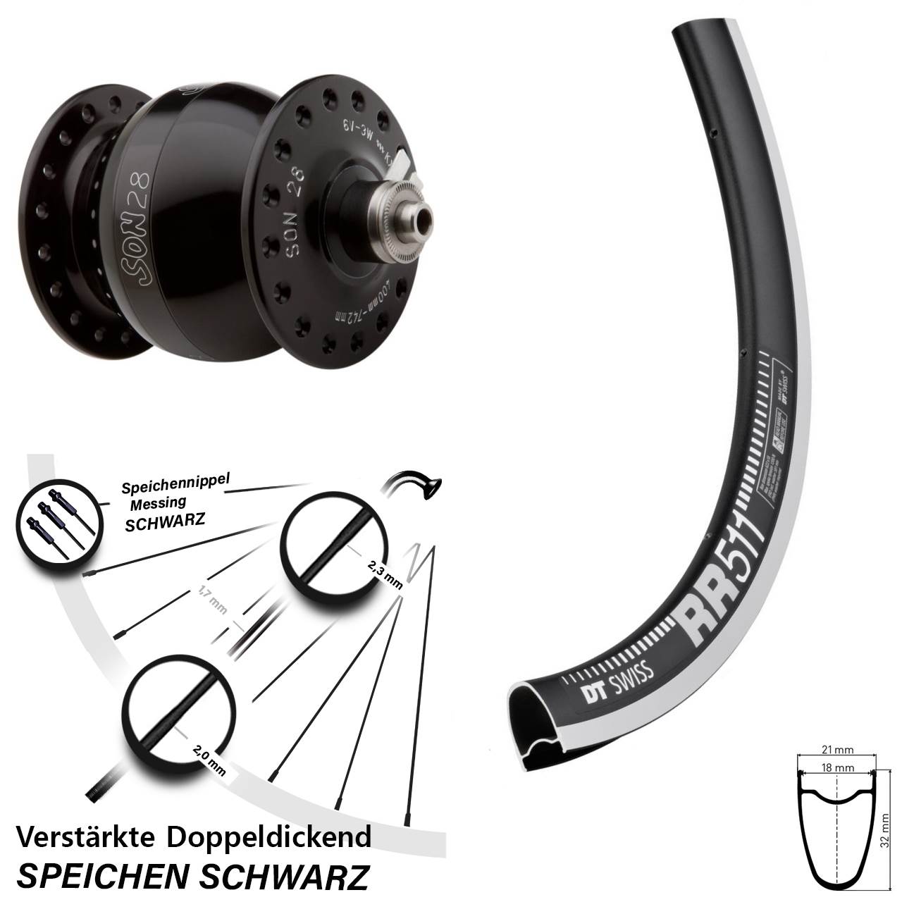 DT Swiss RR 511 SON 28 Zoll Vorderrad mit Nabendynamo QR