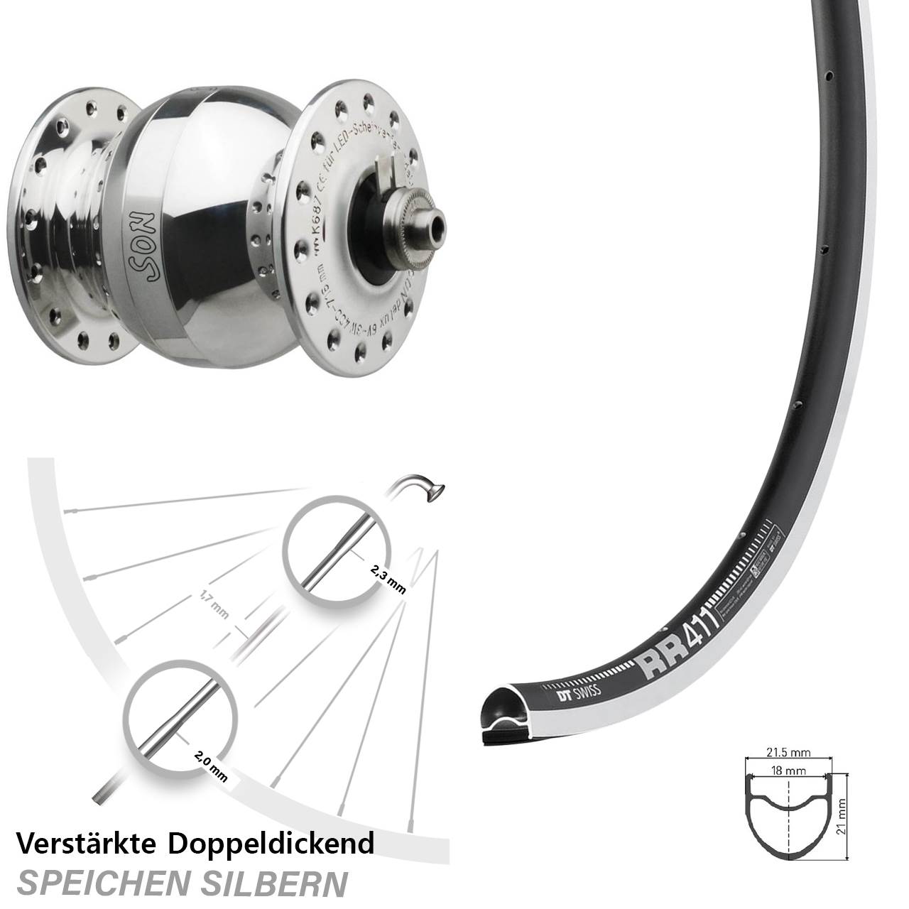 28 Zoll DT Swiss RR 411 SONdelux wide body Vorderrad mit Nabendynamo für Schnellspanner
