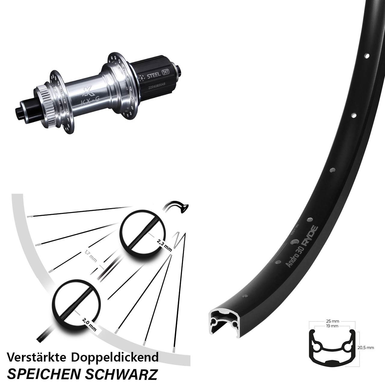 Hinterrad 28-29 Zoll Ryde Andra 30 Disc KX-GS verstärkt 8-12 fach für Schnellspanner