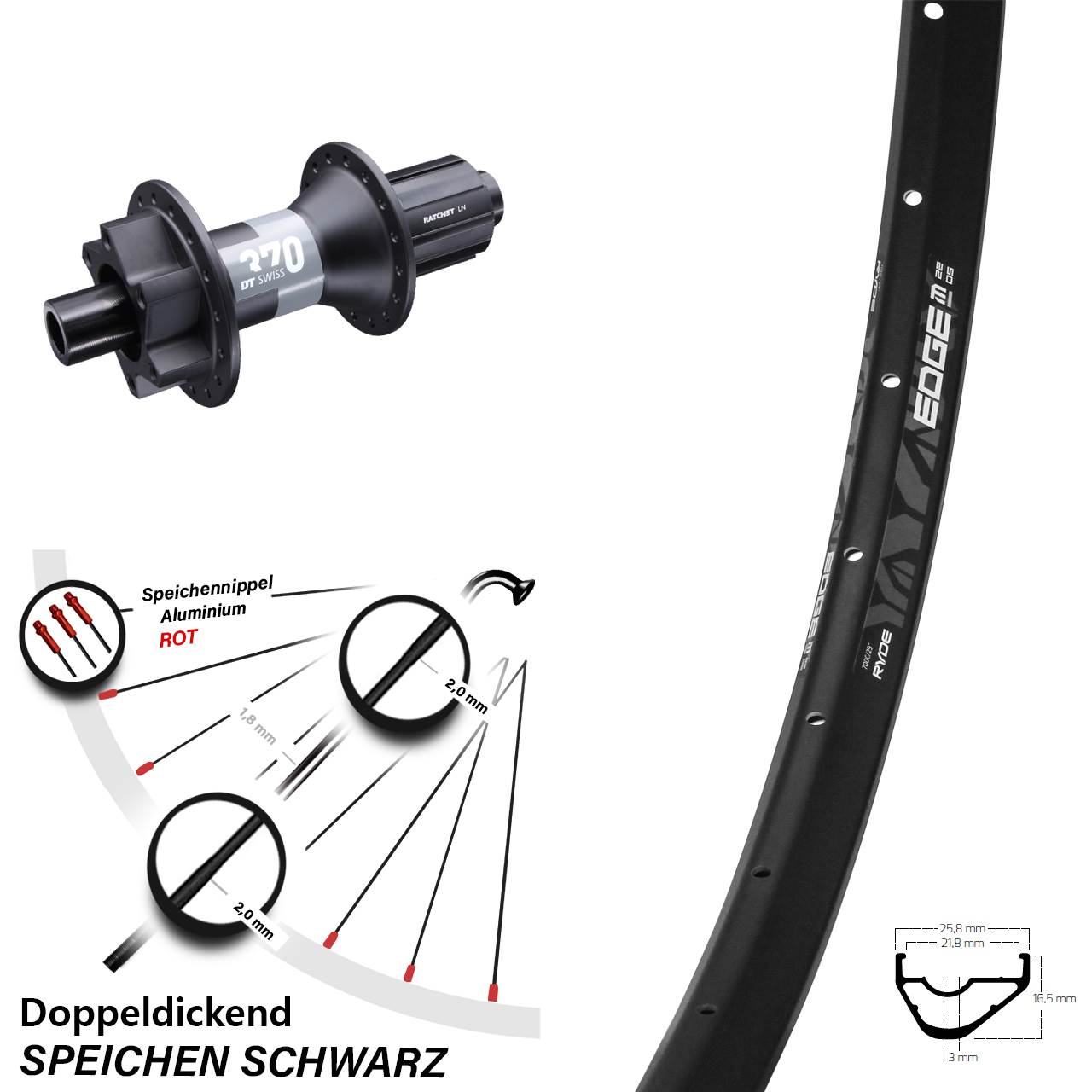 29 Zoll Hinterrad Ryde Edge M22 OS mit DT Swiss 370 Nabe Boost 11-fach