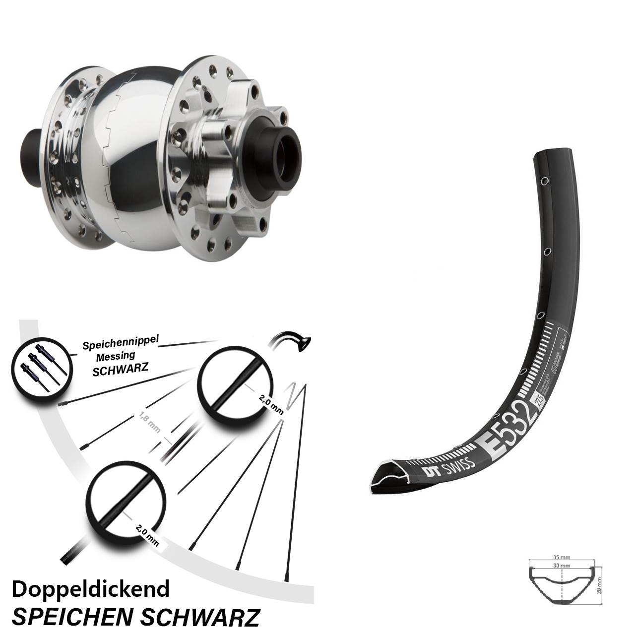 Nabendynamovorderrad 6-Loch 27,5 Zoll DT Swiss E 532 SON 28 poliert 15x100