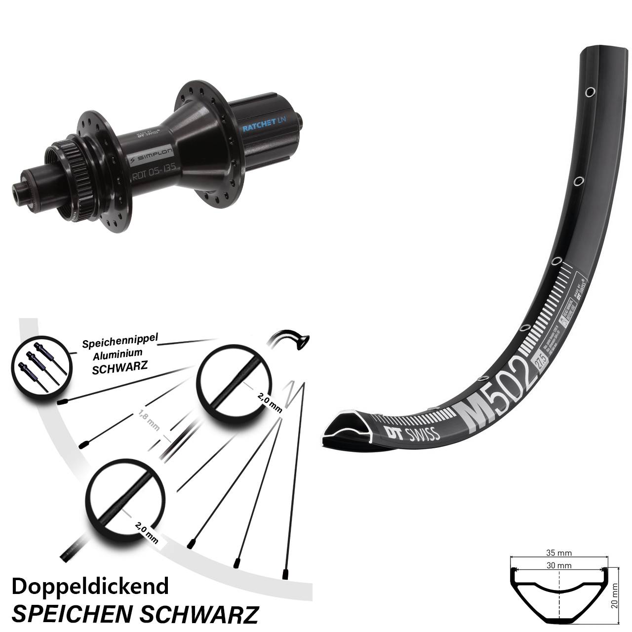 27,5 Zoll DT Swiss M 502-370 Hybrid Centerlock Hinterrad QR 8-11 fach HG