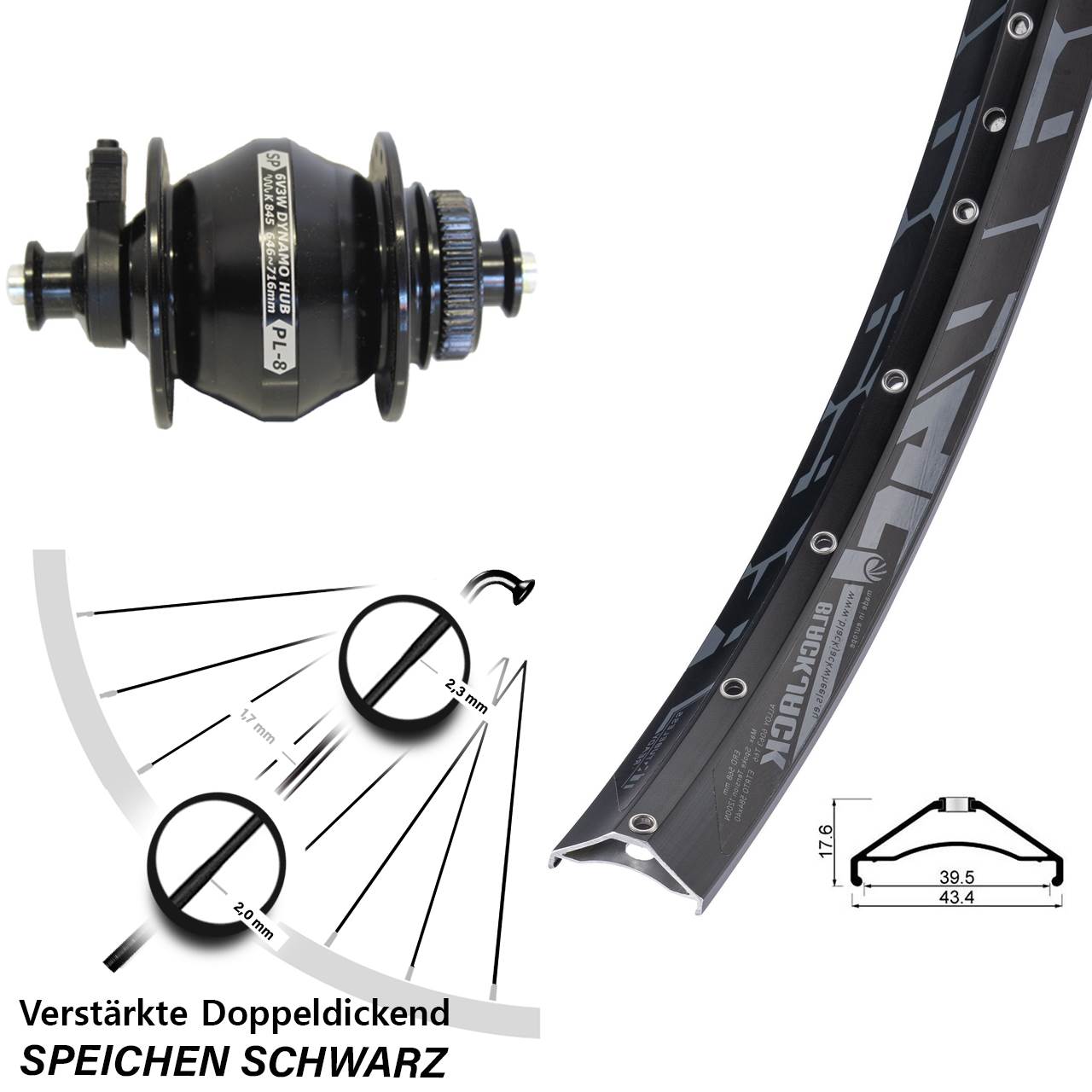 Disc Nabendynamo-Laufrad 27,5 Zoll Rodi Ready 40 Shutter Precision PL-8 für Schnellspanner