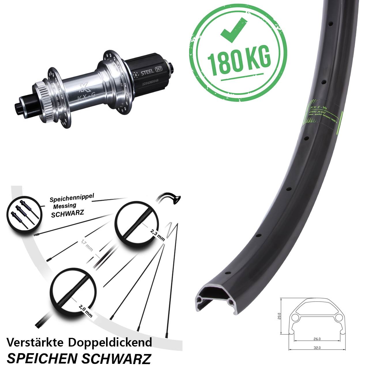 Centerlock Hinterrad QR 20 Zoll KX-GS Evo Heavy Duty 8-12 fach HG