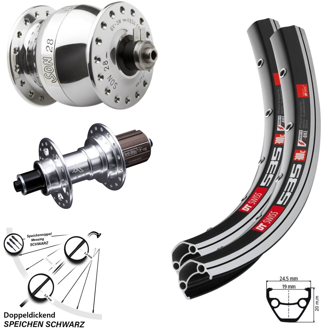 Laufradsatz Schnellspanner silbern polierter SON 28 Zoll DT Swiss 535 KX-T 8-12 fach HG