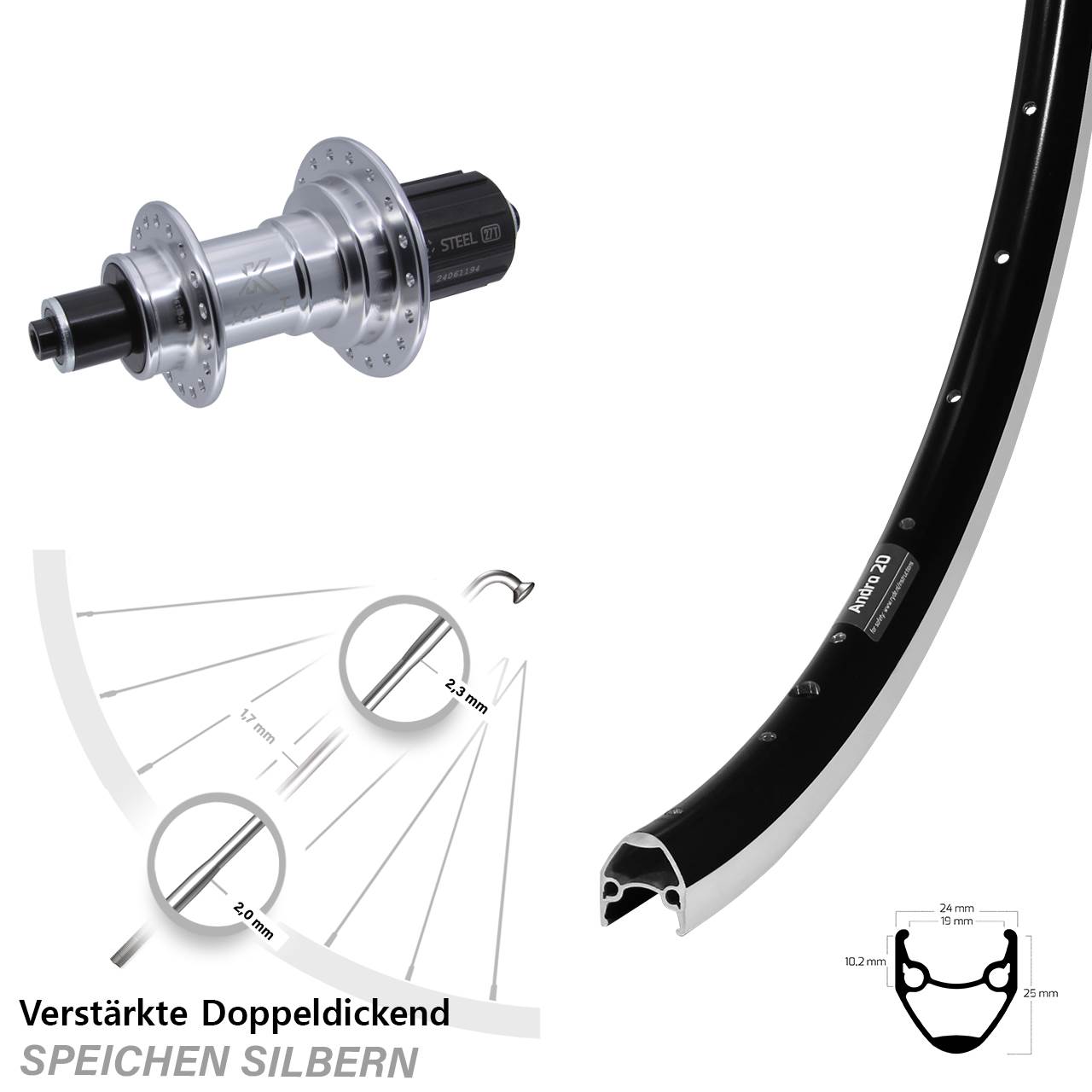 Ryde Andra 20 KX-T Heavy Duty 28 Zoll Laufrad hinten für Schnellspanner 8-12 fach