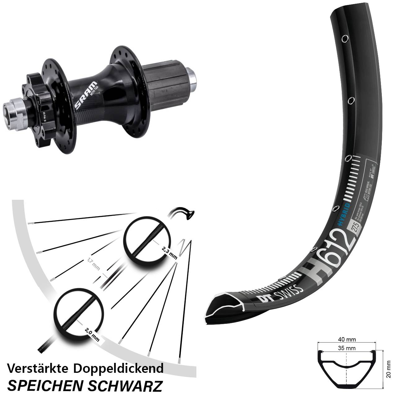 27,5 Zoll DT Swiss H 612 Sram 746 Disc Hinterrad 12x148 8-11 fach HG