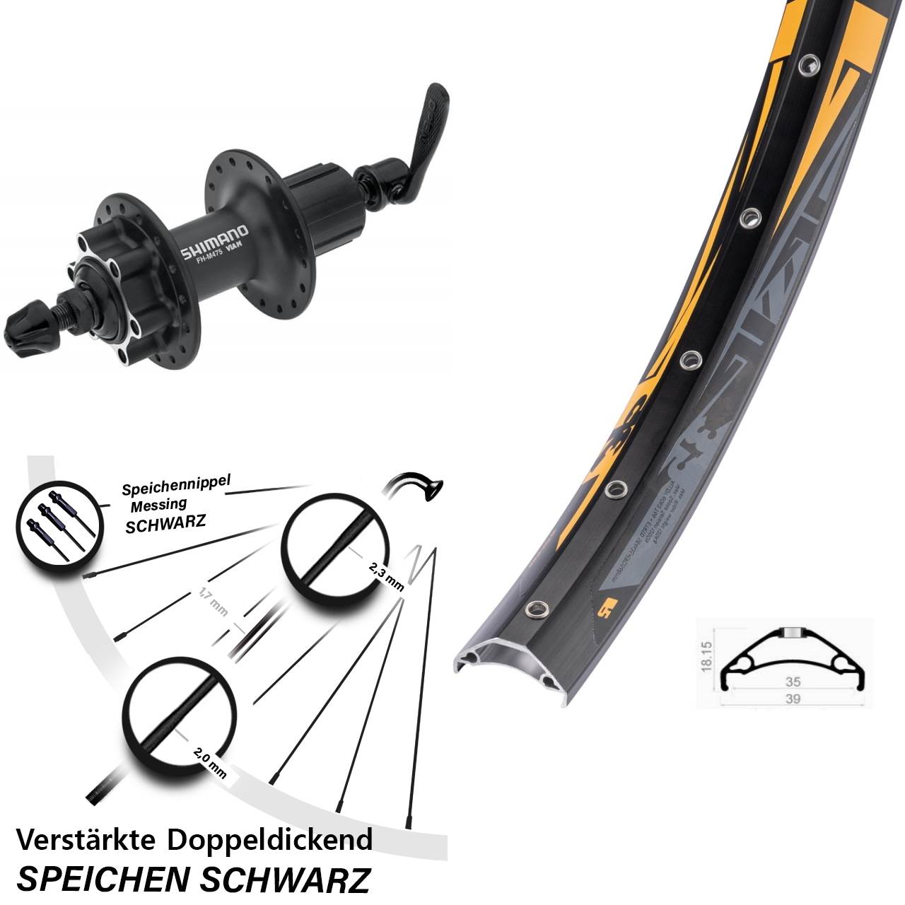 Rodi TRYP 35 Shimano FH-M475 27,5 Zoll Hinterrad 6-Loch für Schnellspanner 8-11 fach