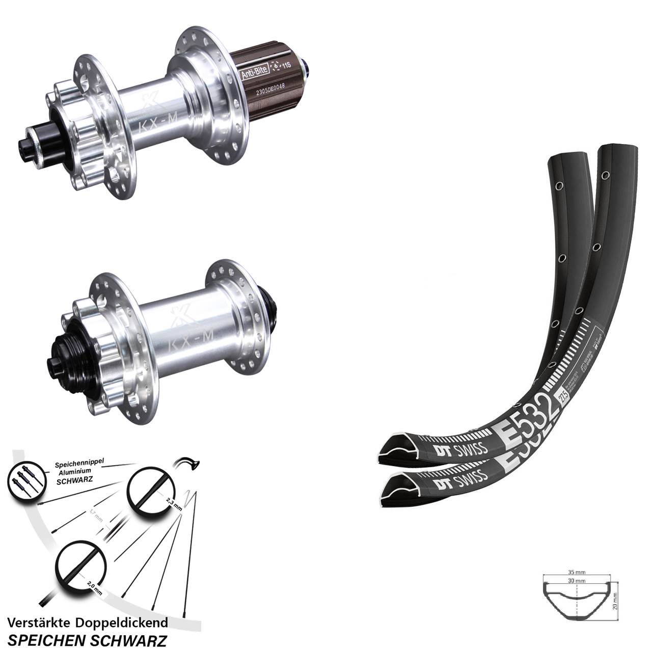 Laufradsatz 6-Loch 27,5 Zoll DT Swiss E532 KX-M 8-12 fach HG für Schnellspanner