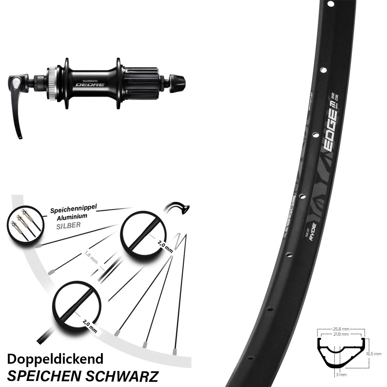 Disc Laufrad 28 Zoll Ryde Edge M22 Shimano FH-M6000 8-11 fach für Schnellspanner