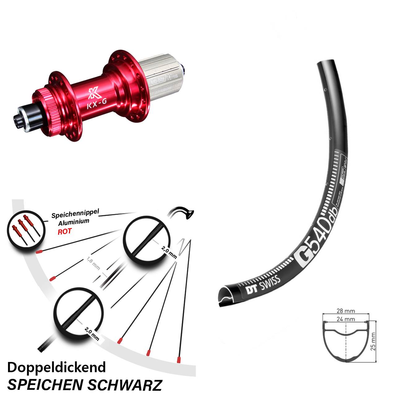 DT Swiss G 540 Gravel Hinterrad 28/29 Zoll KX-G Nabe rot-eloxiert Shimano 8-12 fach
