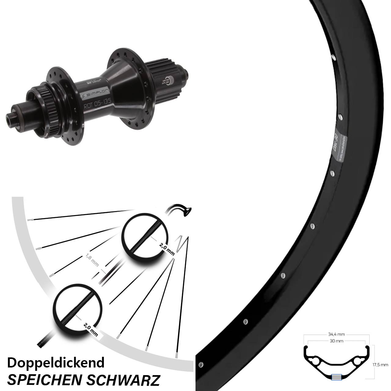 Hinterrad 27,5 Zoll Ryde Disc 30 DT Swiss 370 Hybrid 5x135 Centerlock Micro Spline
