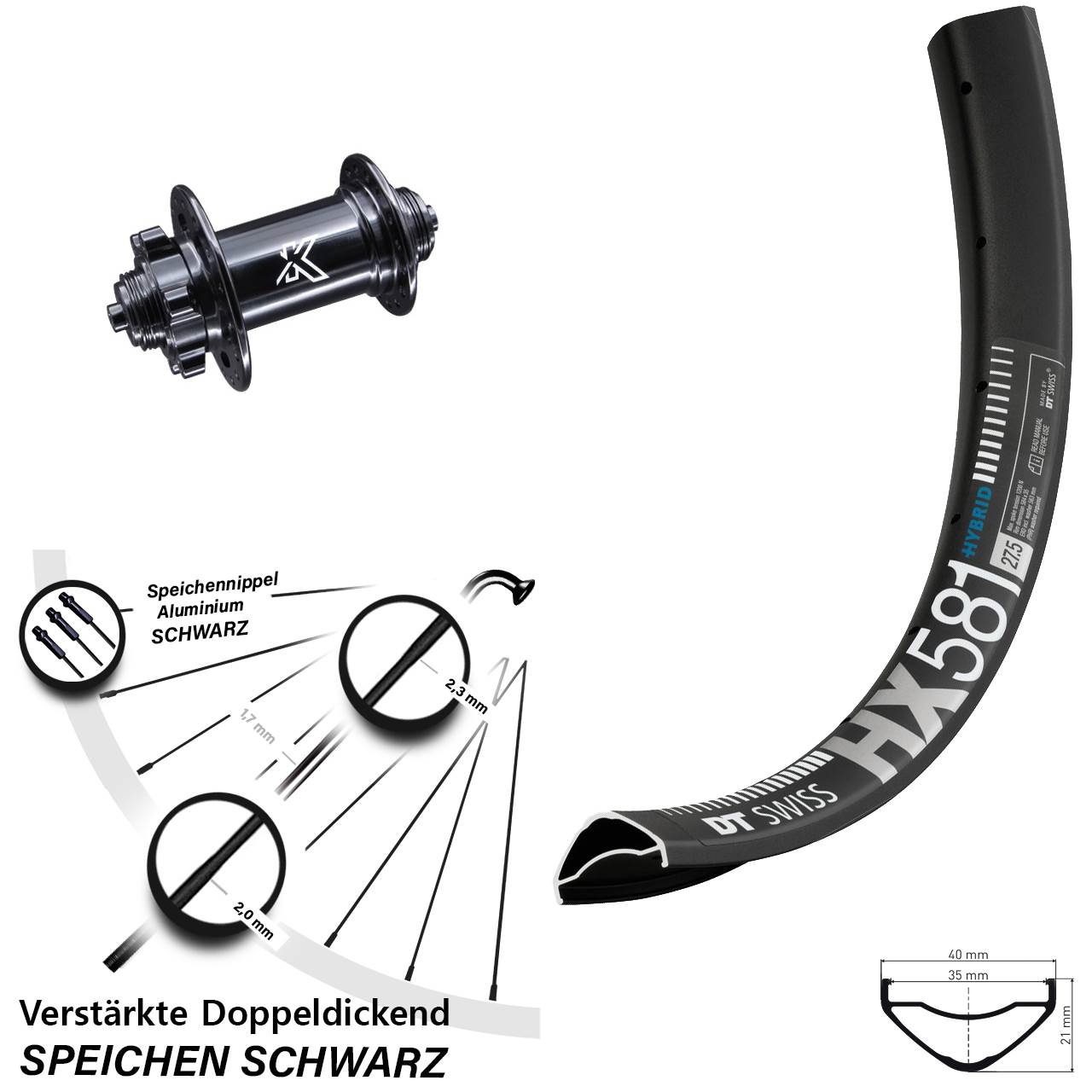 Vorderrad 6-Loch QR 27,5 Zoll DT Swiss HX 581 KX-M schwarz