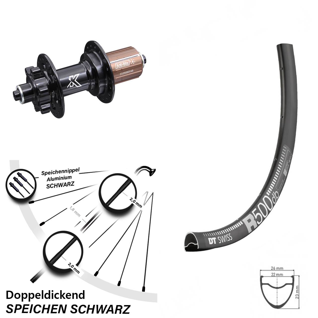 29 Zoll Hinterrad KX-M 6-loch 8-12 fach DT Swiss R500 für Schnellspanner