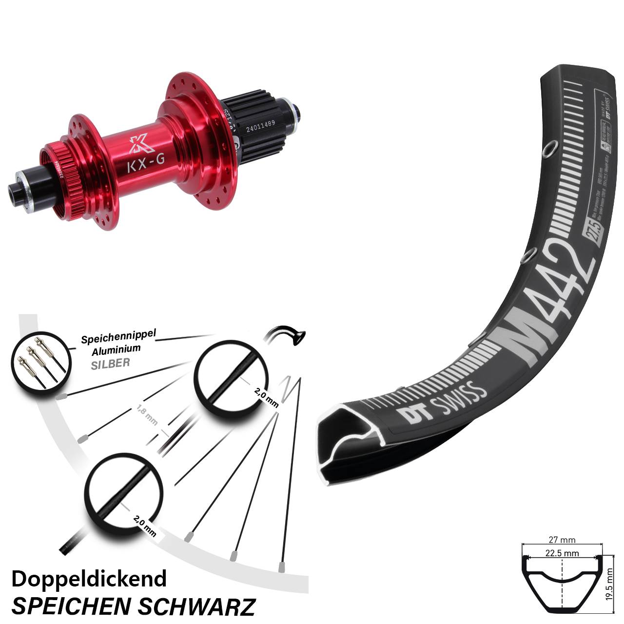 Hinterrad 28-29 Zoll DT Swiss M442 KX-G rot 5x135 Centerlock Micro Spline