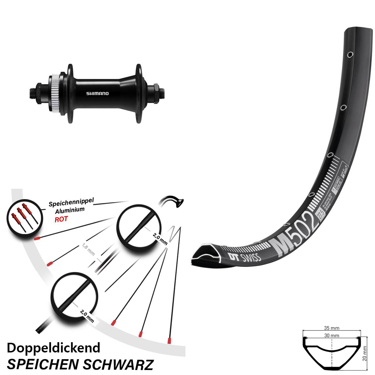 27,5 Zoll DT Swiss M502 Shimano HB-QC400 Centerlock Vorderrad QR