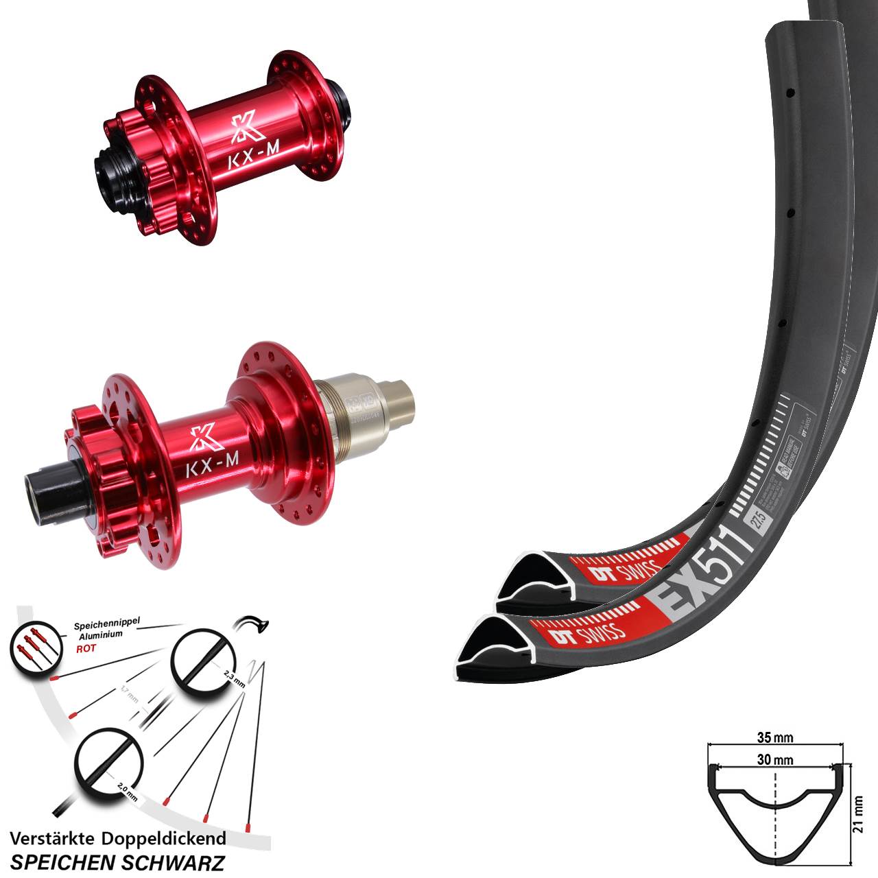 6-Loch Laufradsatz 27,5 Zoll DT Swiss EX511 KX-M rot XD 11-12 fach 15x100 12x142