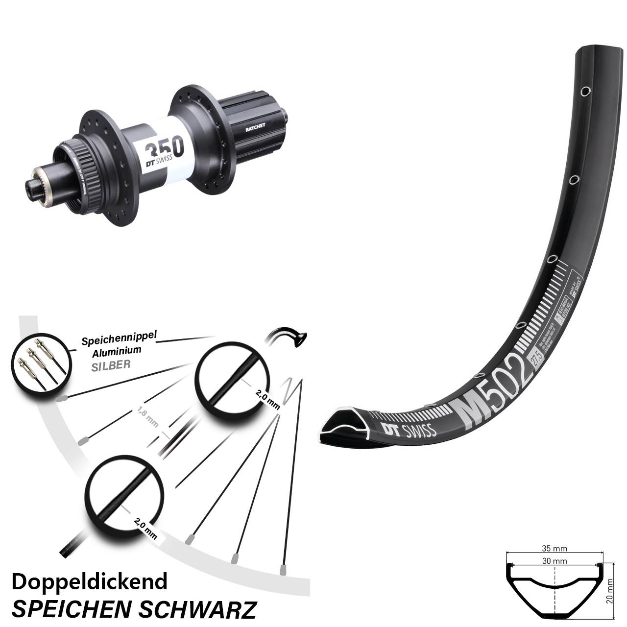 27,5 Zoll DT Swiss M502 DT Swiss 350 Boost Hinterrad Centerlock QR Boost 8-11 fach HG