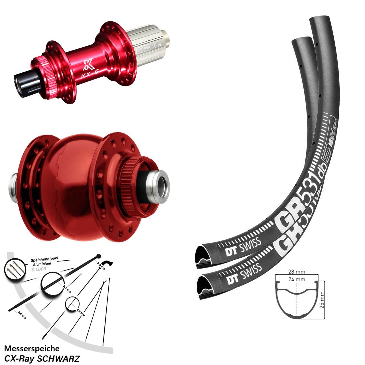 Disc Laufradsatz 28 Zoll DT Swiss GR531 KX-G rot SON 8-12 fach 12x100/142 CX-Ray