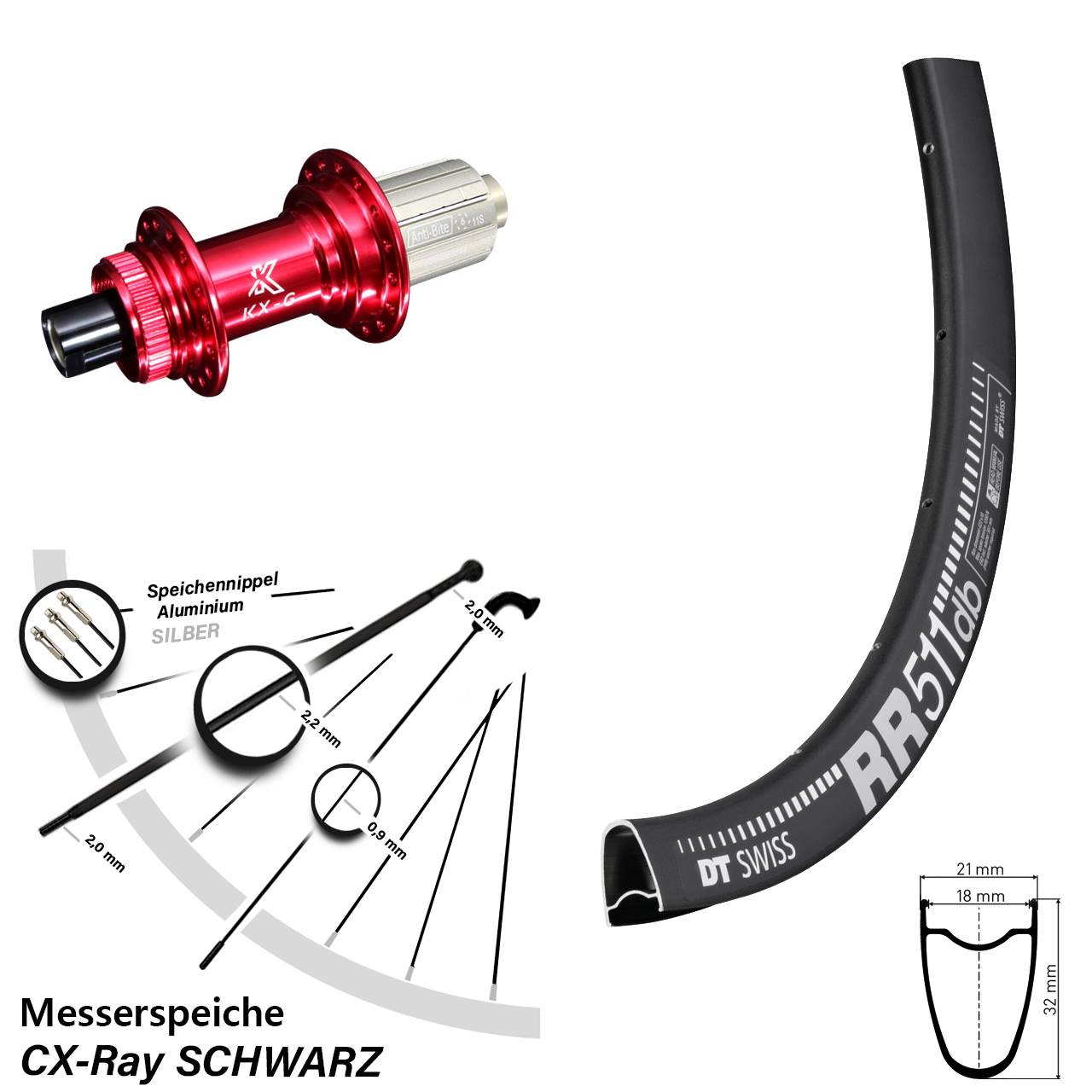 Hinterrad Centerlock 28 Zoll DT Swiss RR 511 KX-G rot 8-12 fach 12x142 CX-Ray