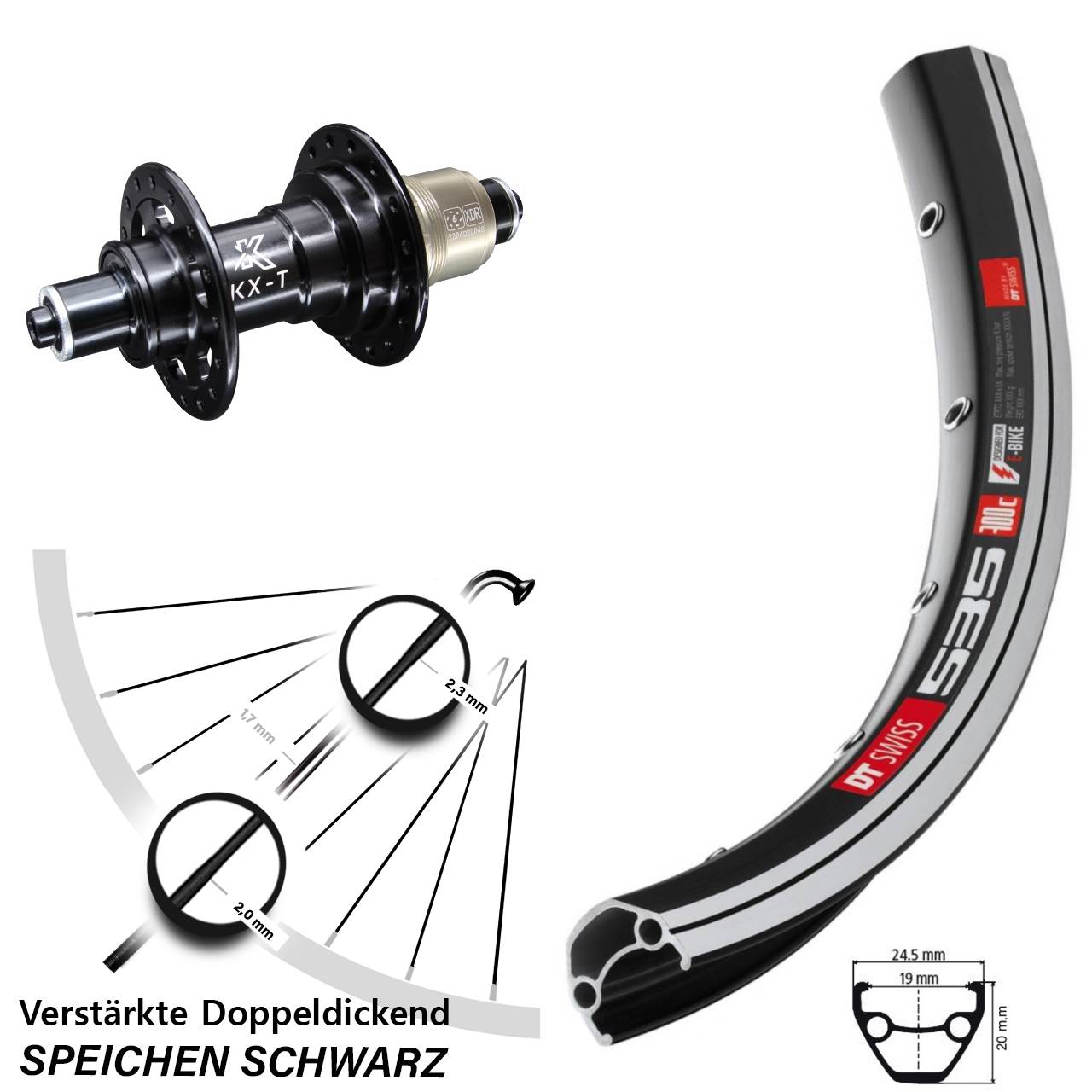 verstärktes Hinterrad 28 Zoll DT Swiss 535 schwarz KX-T 5x135 mm Sram XD