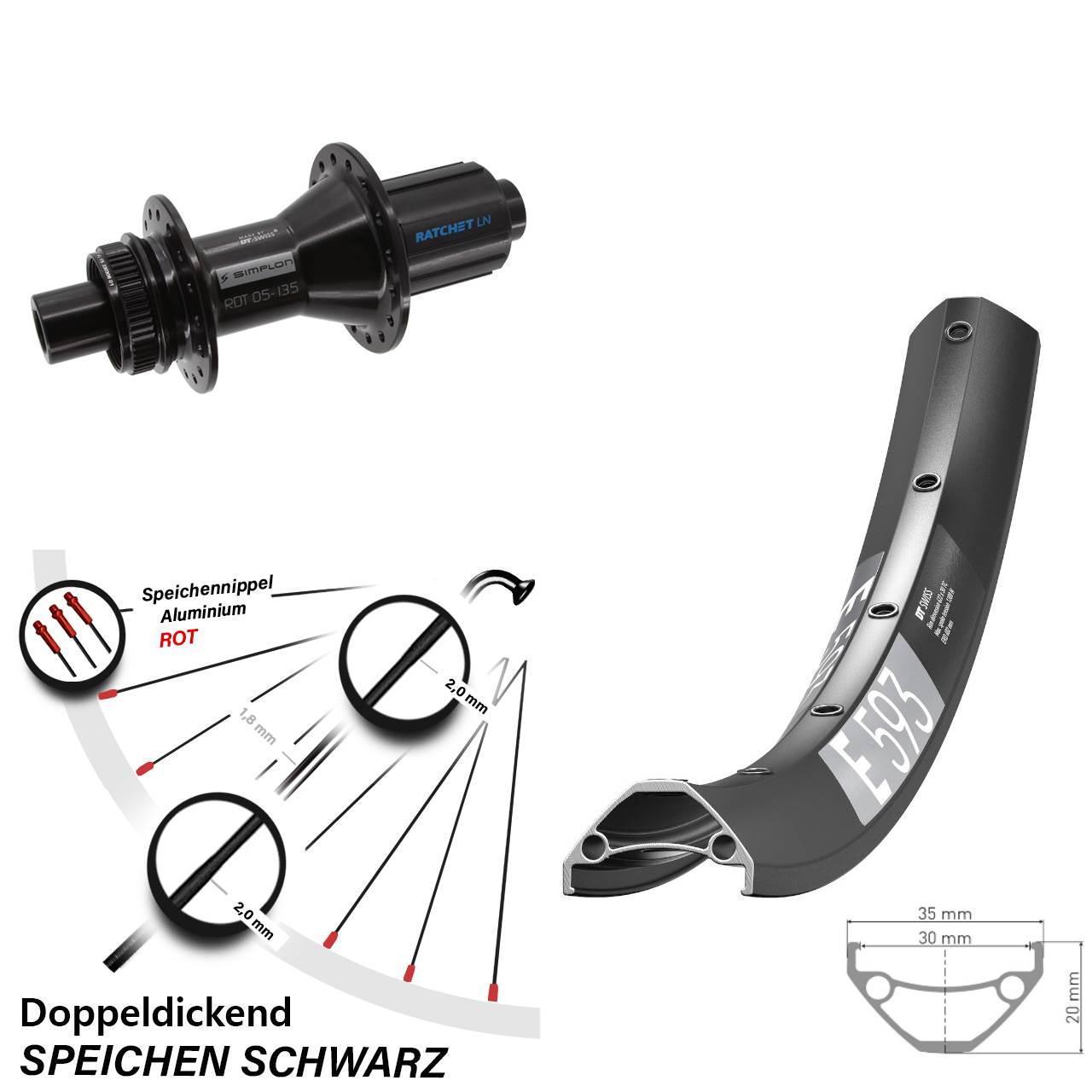 29 Zoll DT Swiss E593-370 Hybrid Centerlock Hinterrad 12x142 8-11 fach