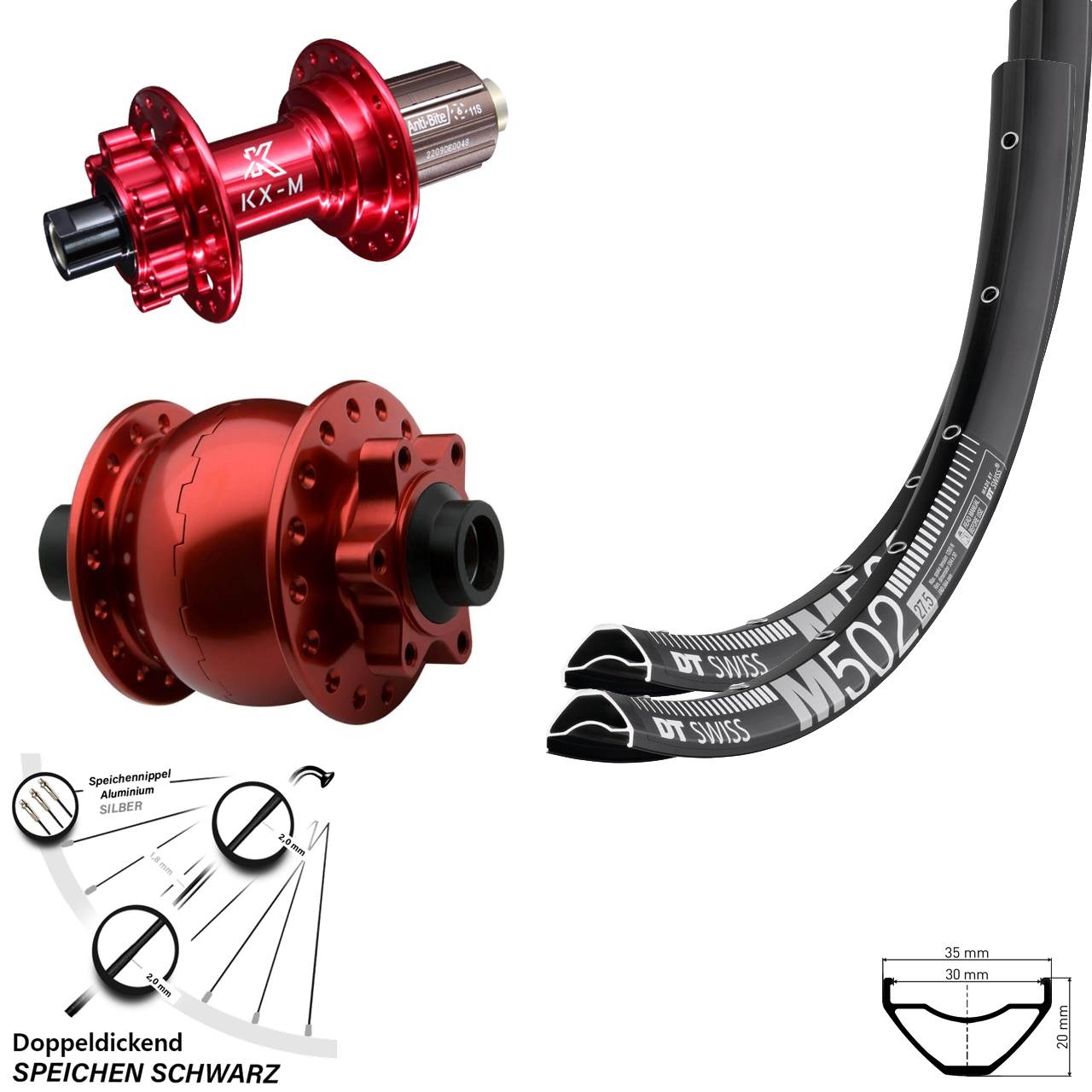 Laufradsatz 6-Loch 15x100 12x142 29 Zoll DT Swiss M502 KX-M rot SON 28 8-12 fach HG