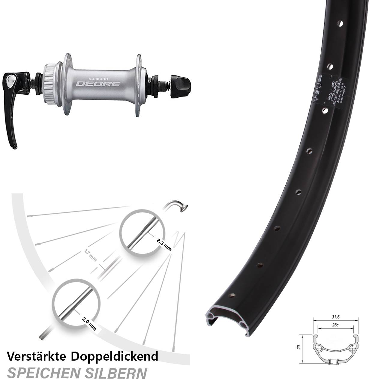 Mach1 Kargo Shimano Deore HB-M6000 20 Zoll Vorderrad Centerlock für Schnellspanner