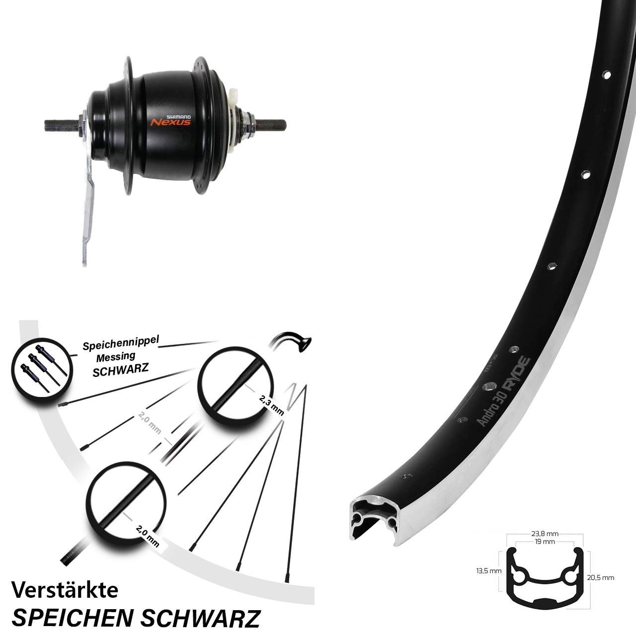 Ryde Andra 30 Hinterrad 26 Zoll Shimano Nexus 8 Gang