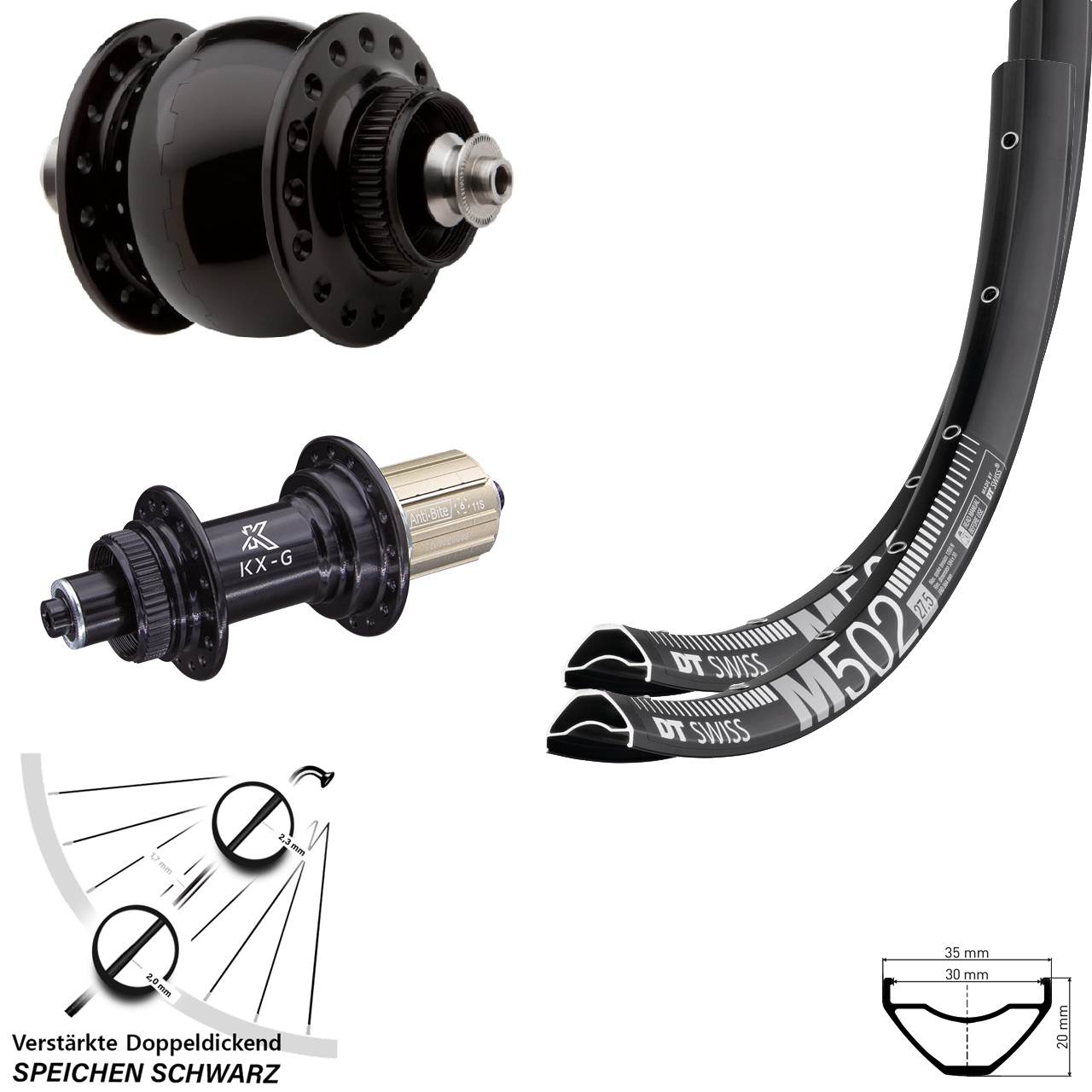 27,5 Zoll DT Swiss M 502 KX-G SONdelux Disc Laufradsatz QR 8-12 fach HG