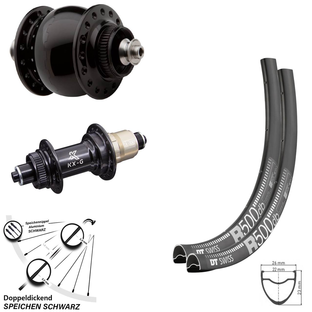 Laufradsatz Road DT Swiss R 500 mit Nabe KX-G Sram XD-R Dynamo Son 28 Disc