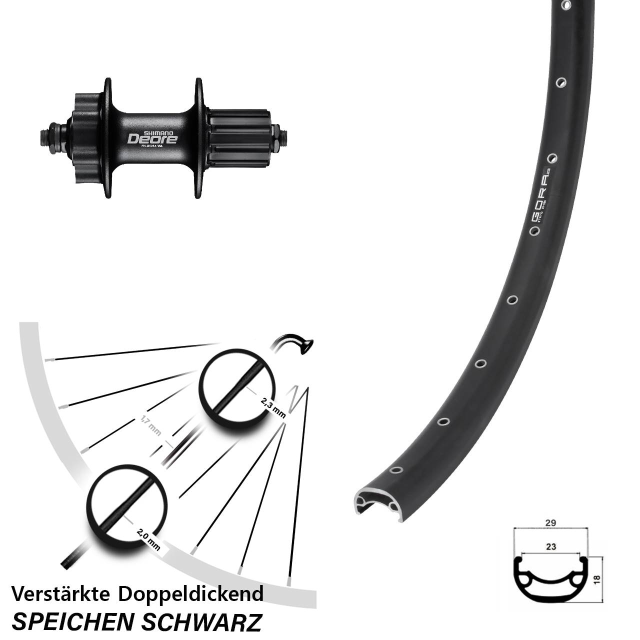 Gora 23 Shimano Deore FH-M525 26 Zoll Disc Laufrad für Schnellspanner 8-11 fach