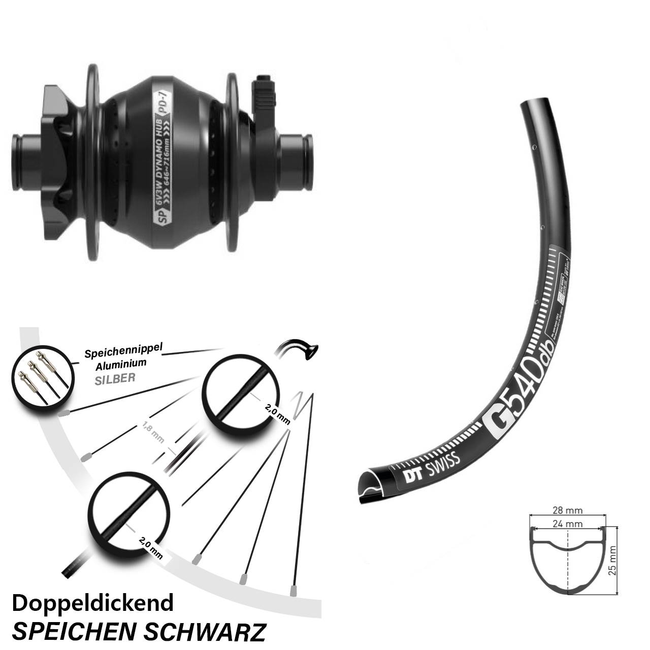 6-Loch Dynamo-Vorderrad 650B DT Swiss G540 Shutter PD-7 12x100