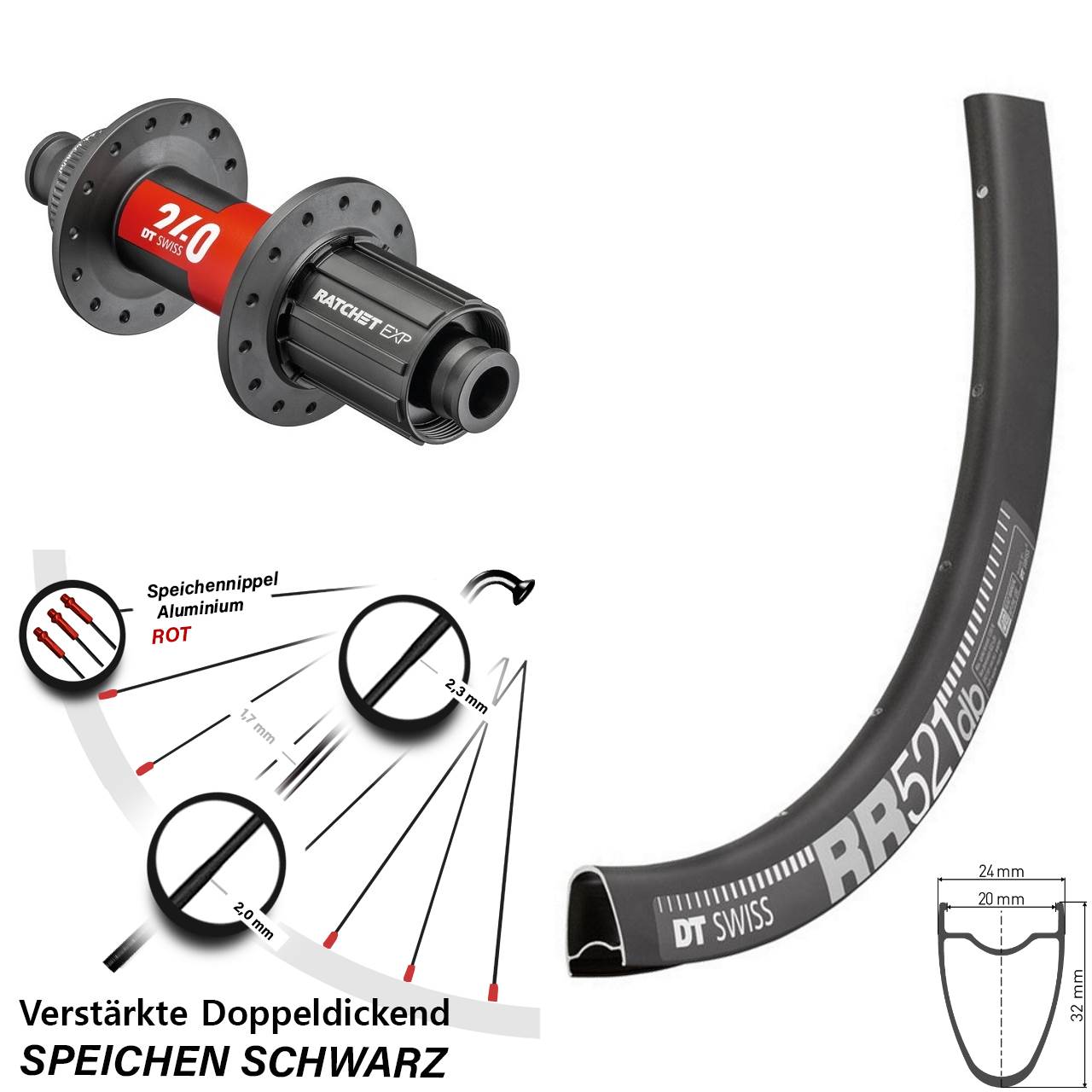 28 Zoll DT Swiss RR 521-240 Centerlock Hinterrad 12x142 11-12 fach