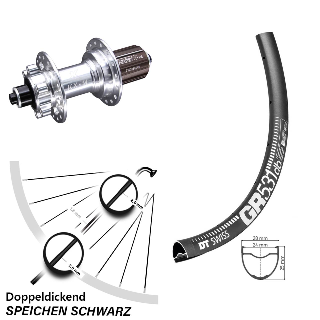 27,5 Zoll DT Swiss GR 531 KX-M 6-Loch Hinterrad QR 8-12 fach