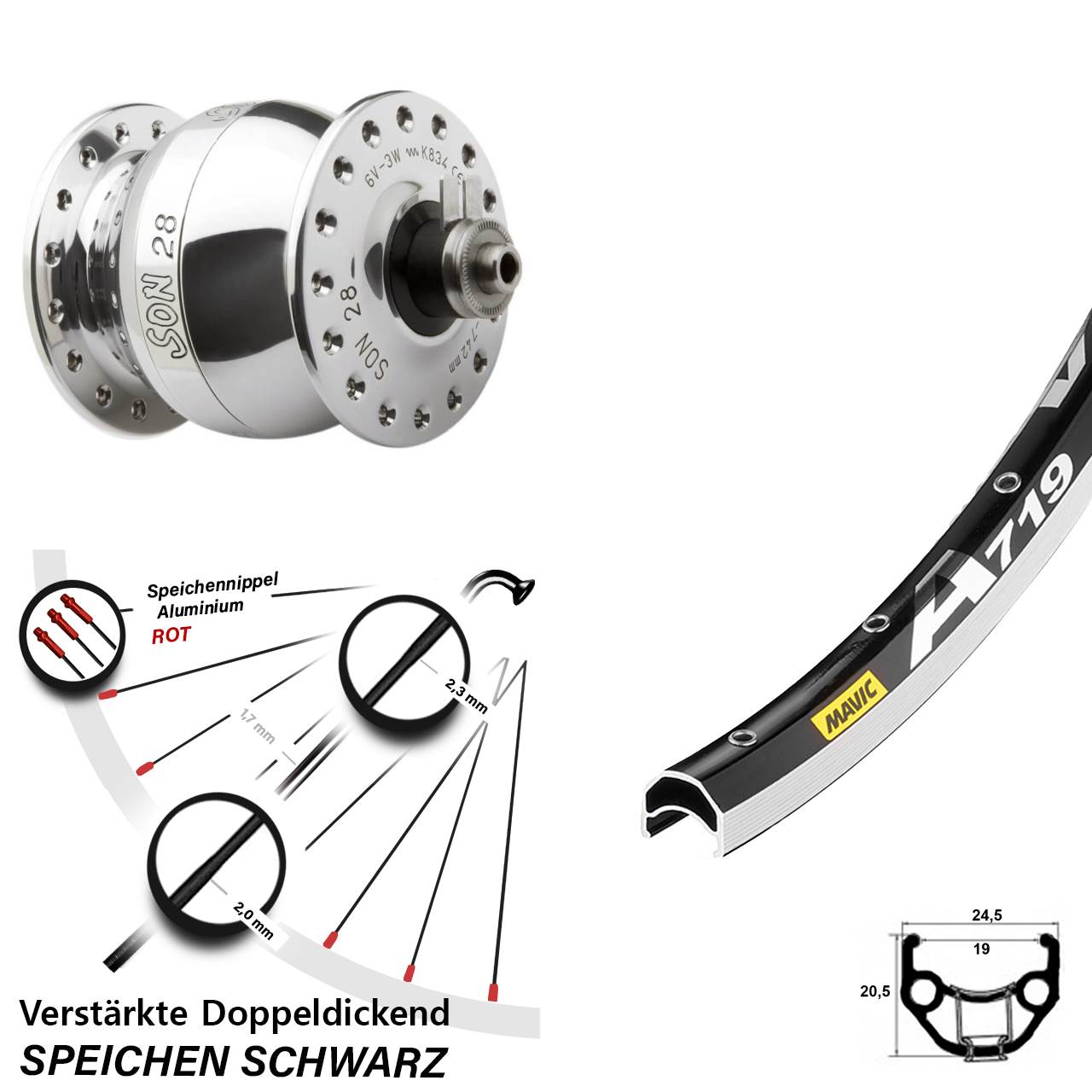 Nabendynamovorderrad QR SON 28 Zoll Mavic A 719