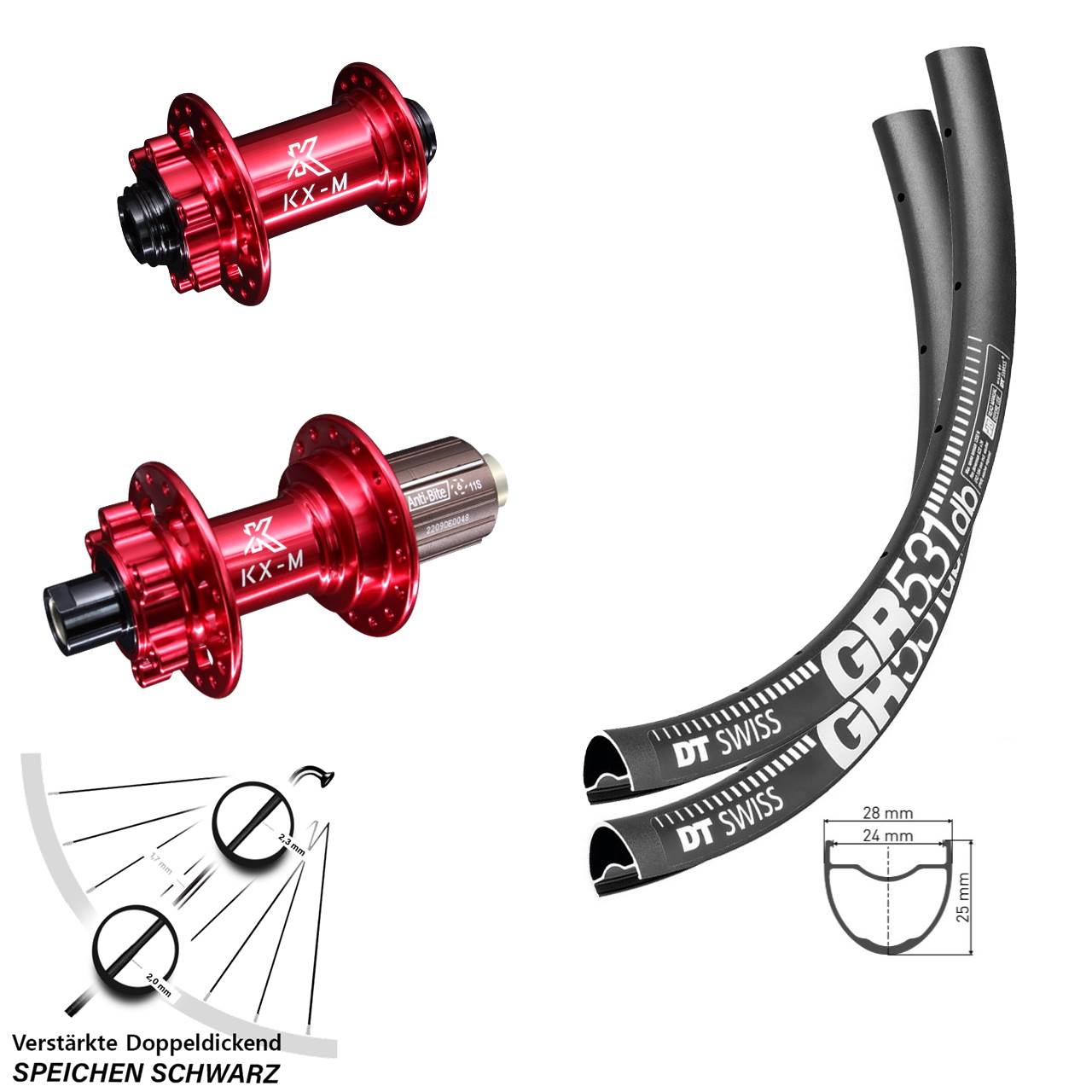 6-Loch Laufradsatz 29 Zoll DT Swiss GR531 KX-M rot 8-12 fach HG 12x100/142