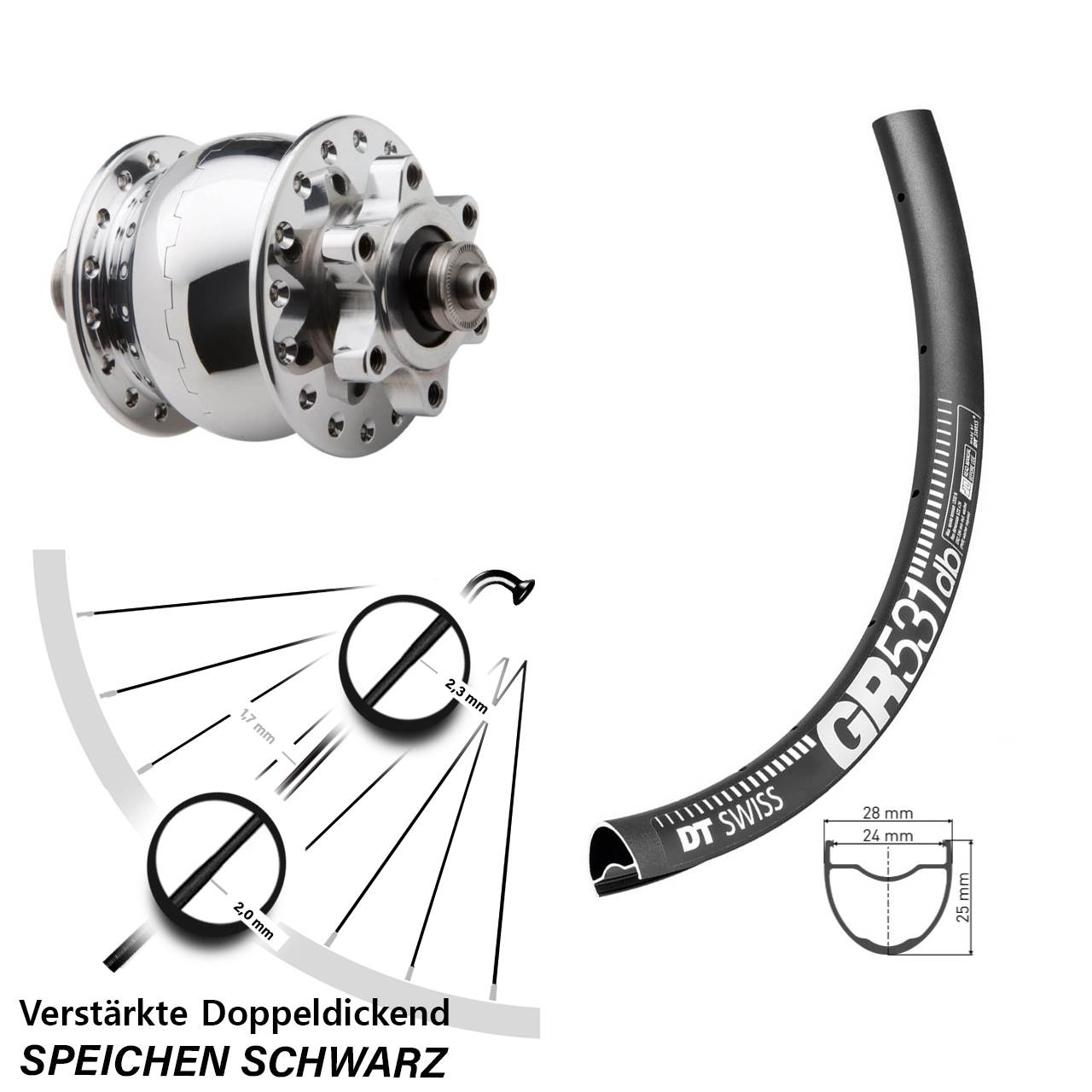 Disc Laufrad mit Nabendynamo 28-29 Zoll DT Swiss GR 531 SON 28 poliert QR