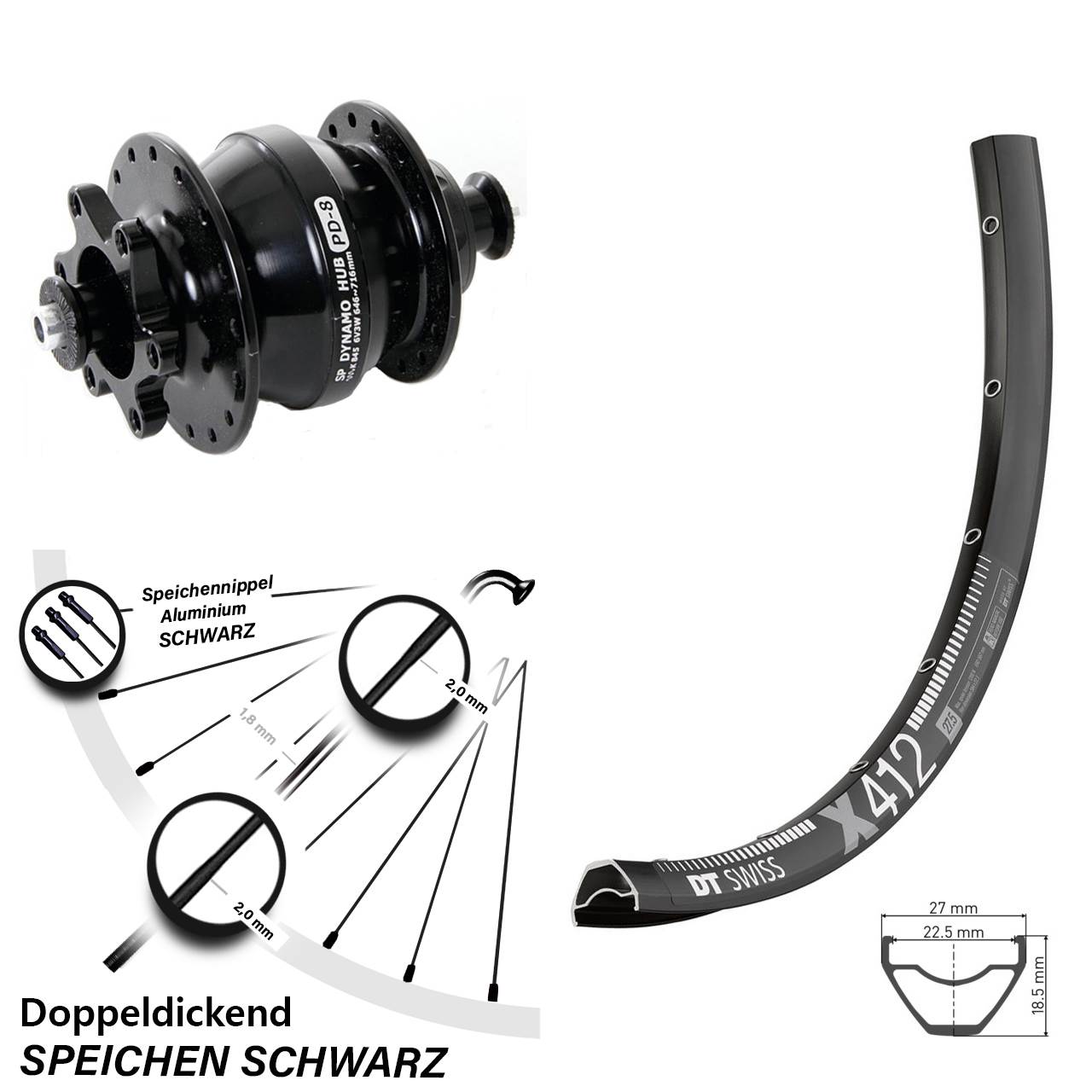 Disc 29 Zoll Vorderrad mit Nabendynamo DT Swiss X 412 Shutter PD-8 für Schnellspanner