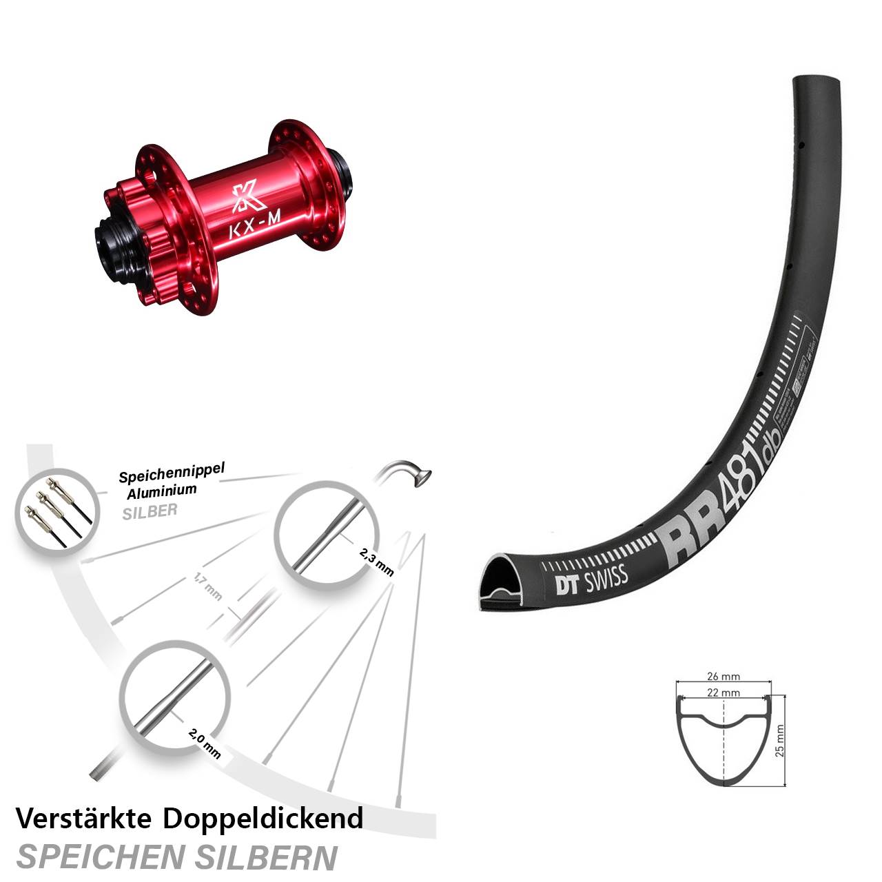 DT Swiss RR 481 KX-M rot 28 Zoll 6-Loch Vorderrad 12x100