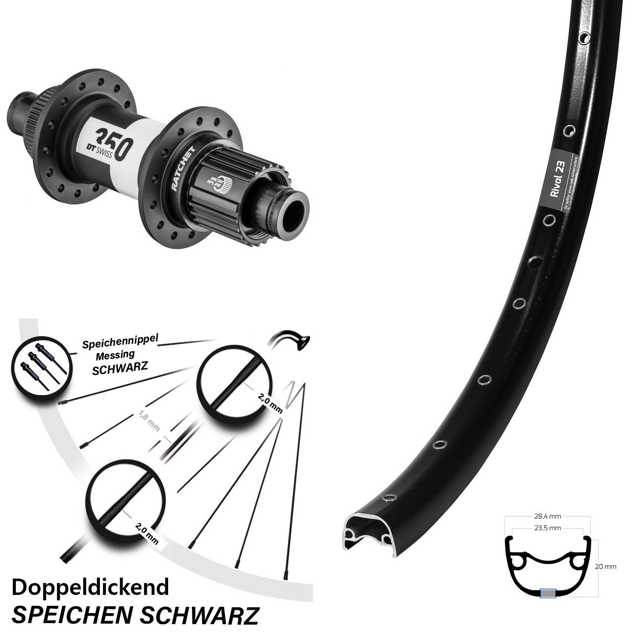 650B Ryde Rival 23 DT Swiss 350 Hinterrad Centerlock 12x142 Micro Spline