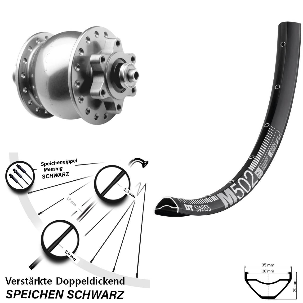 Disc Vorderrad mit Nabendynamo 27,5 Zoll DT Swiss M502 SON 28 für Schnellspanner