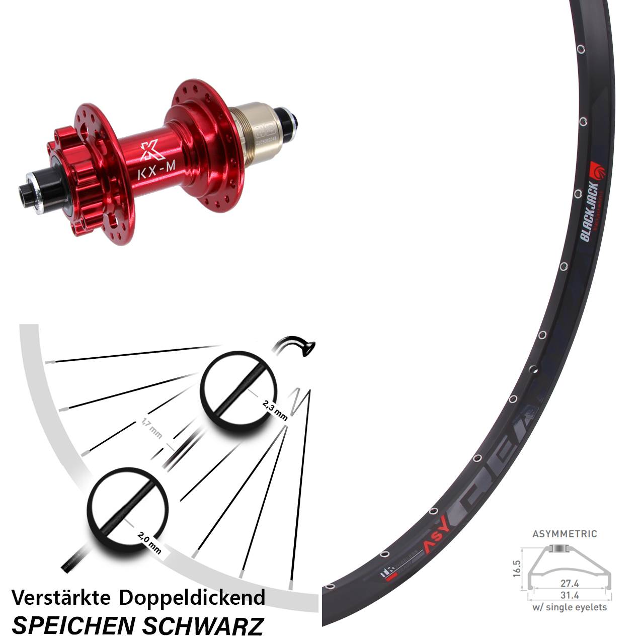 Rodi Ready 27 KX-M rot 27,5 Zoll Hinterrad 6-Loch für Schnellspanner XD