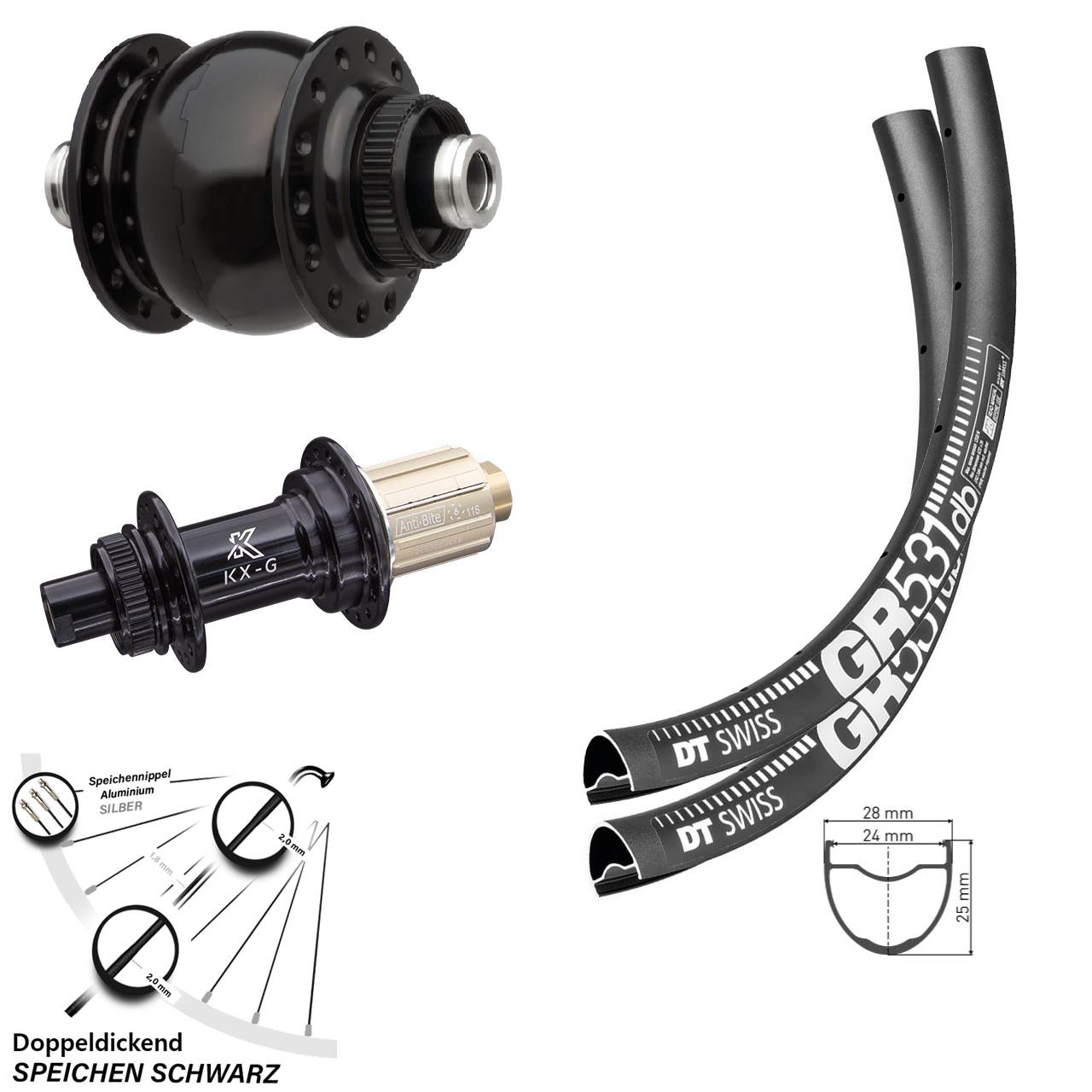 Laufradsatz 24 Speichen SON delux KX-G Shimano HG 28 Zoll DT Swiss GR 531 Centerlock