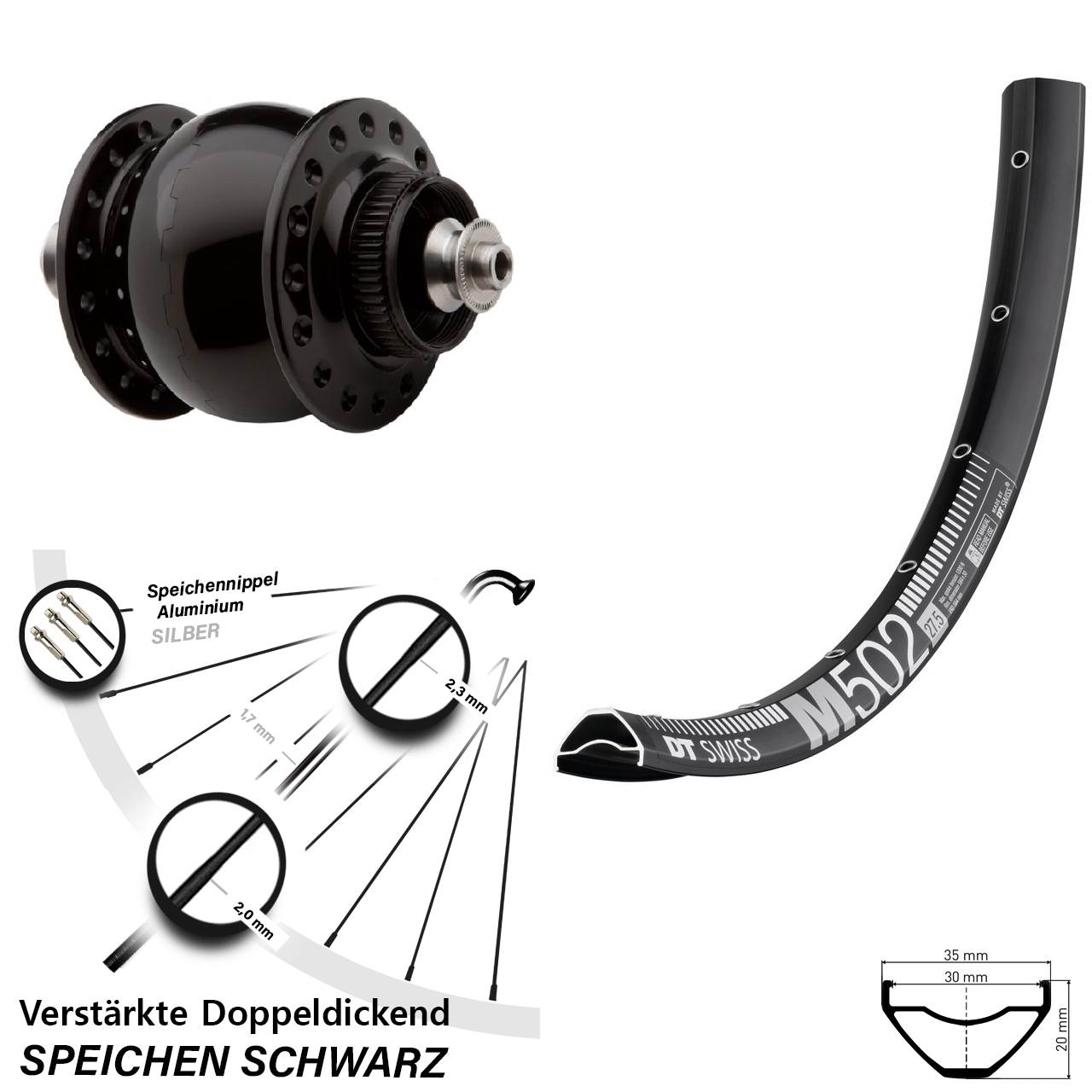 SON delux DT Swiss M 502 27,5 Zoll Disc Laufrad mit Nabendynamo QR