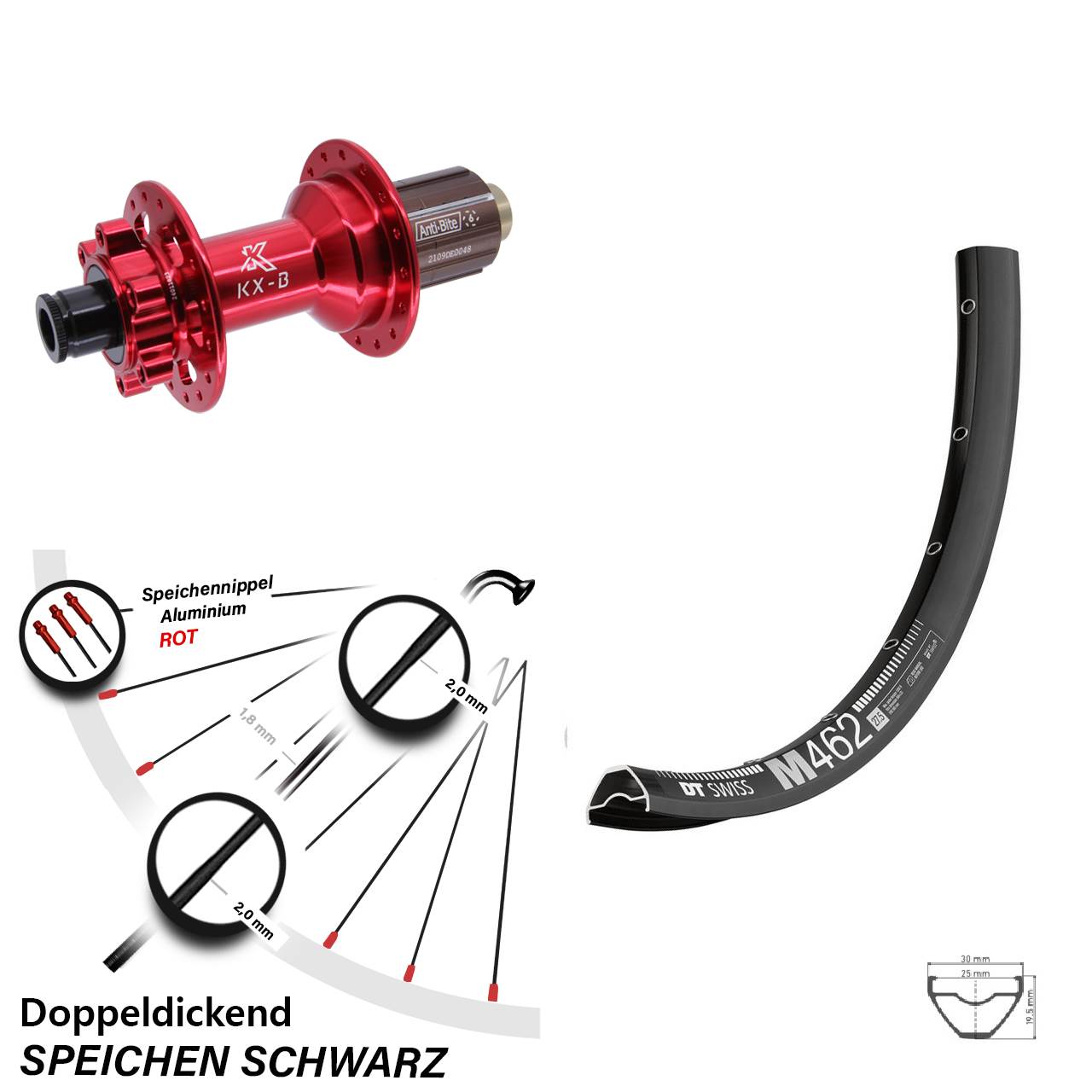 27,5 Zoll DT Swiss M 462 Hinterrad KX-B rot 6-Loch 12x148
